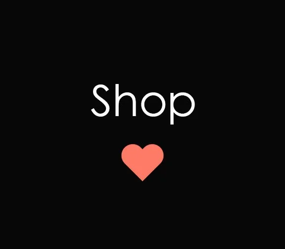 Black background with white text that says 'Shop' and a red heart below.