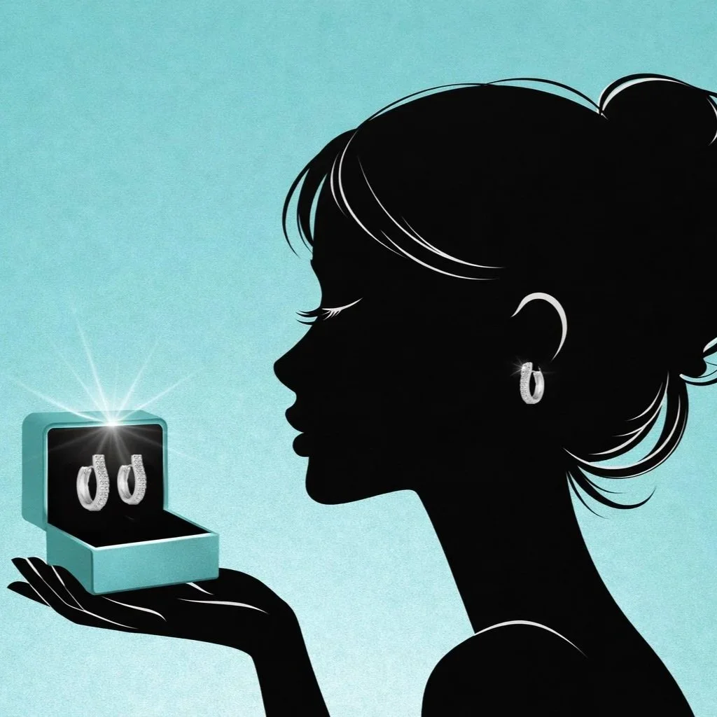 Silhouette of a woman holding an open jewelry box with diamond earrings inside, with matching earrings on her ear.