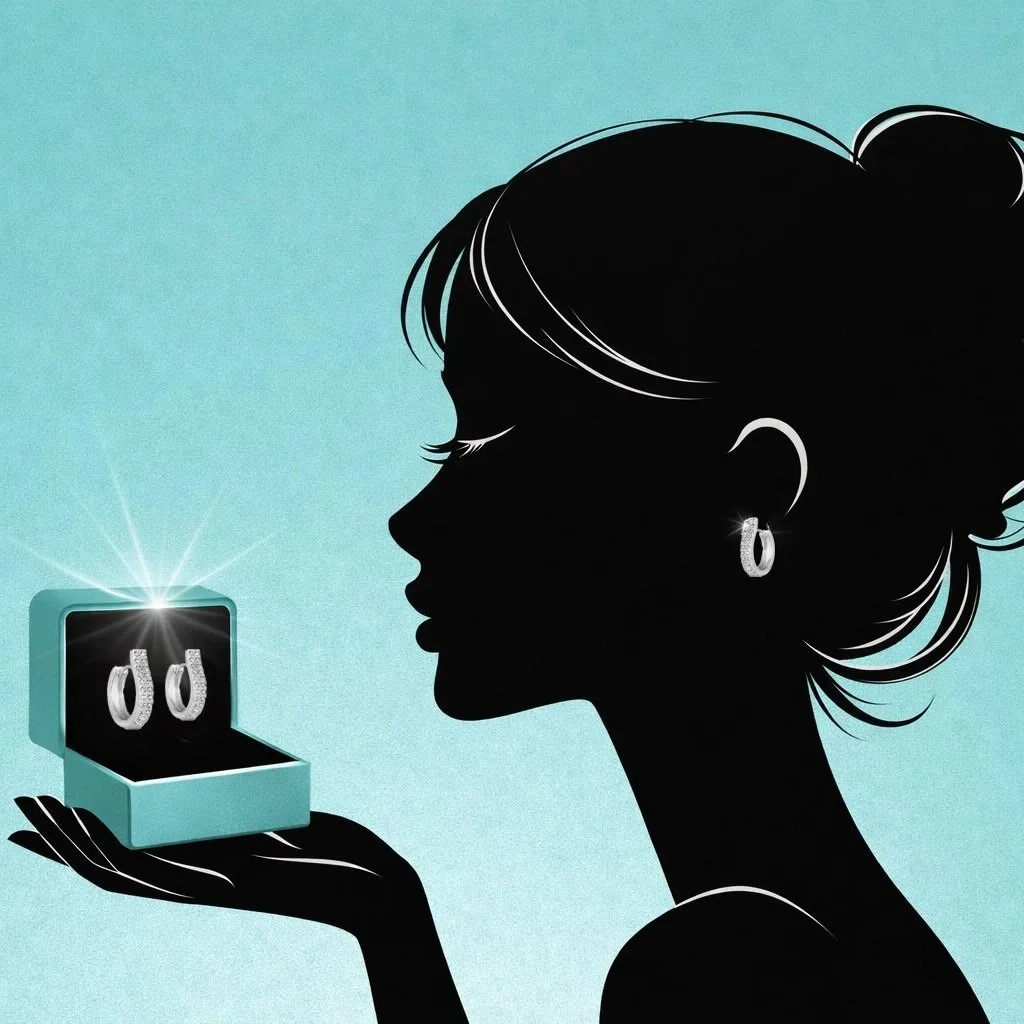 Silhouette of a woman holding an open jewelry box with diamond earrings, with matching earrings worn in her ears, set against a light blue background.