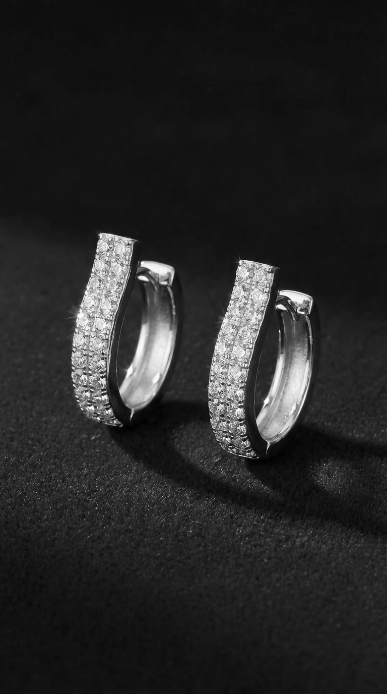 Pair of silver hoop earrings with embedded gemstones on black background.