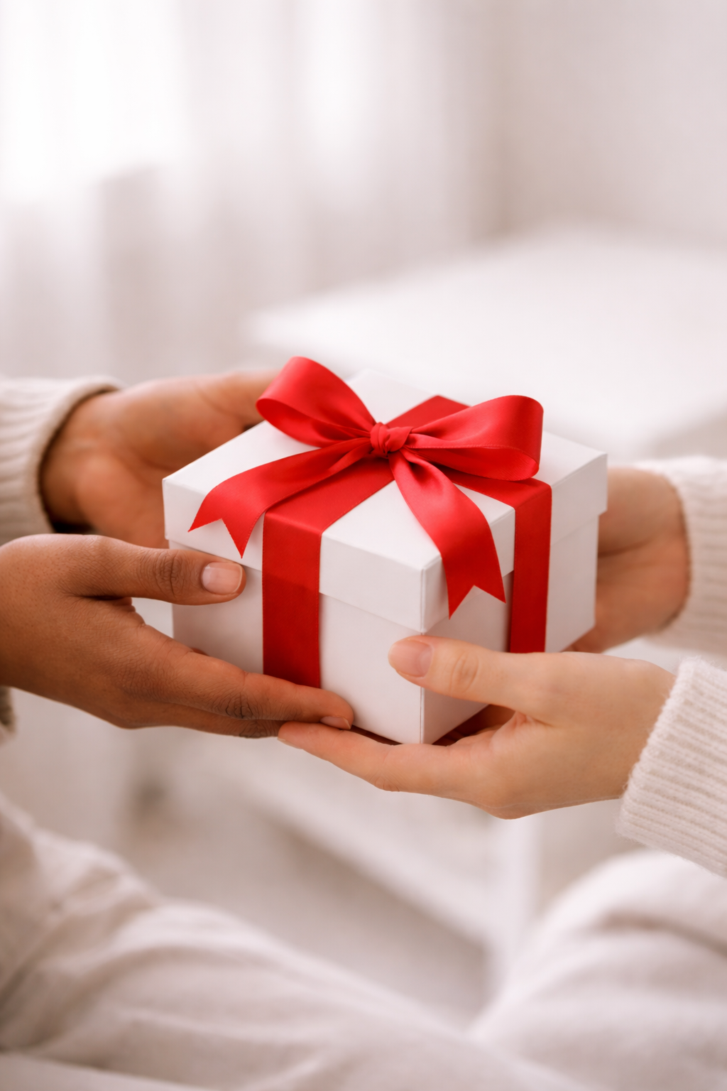 Person handing a gift box wrapped with a red ribbon to another person.