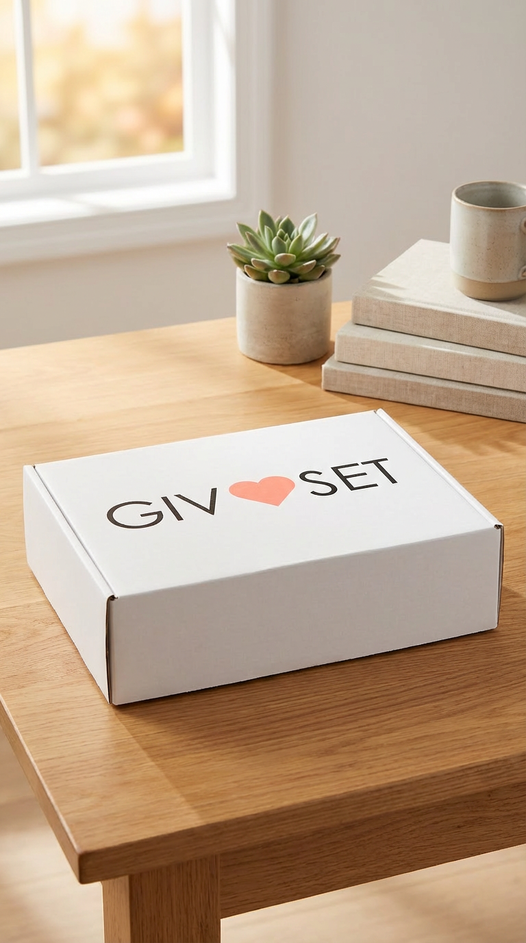 A white gift box with the words 'GIVE ♥ SET' printed on it in black and pink, placed on a wooden table near a window, with a small potted succulent plant, a stack of books, and a coffee mug on the table.