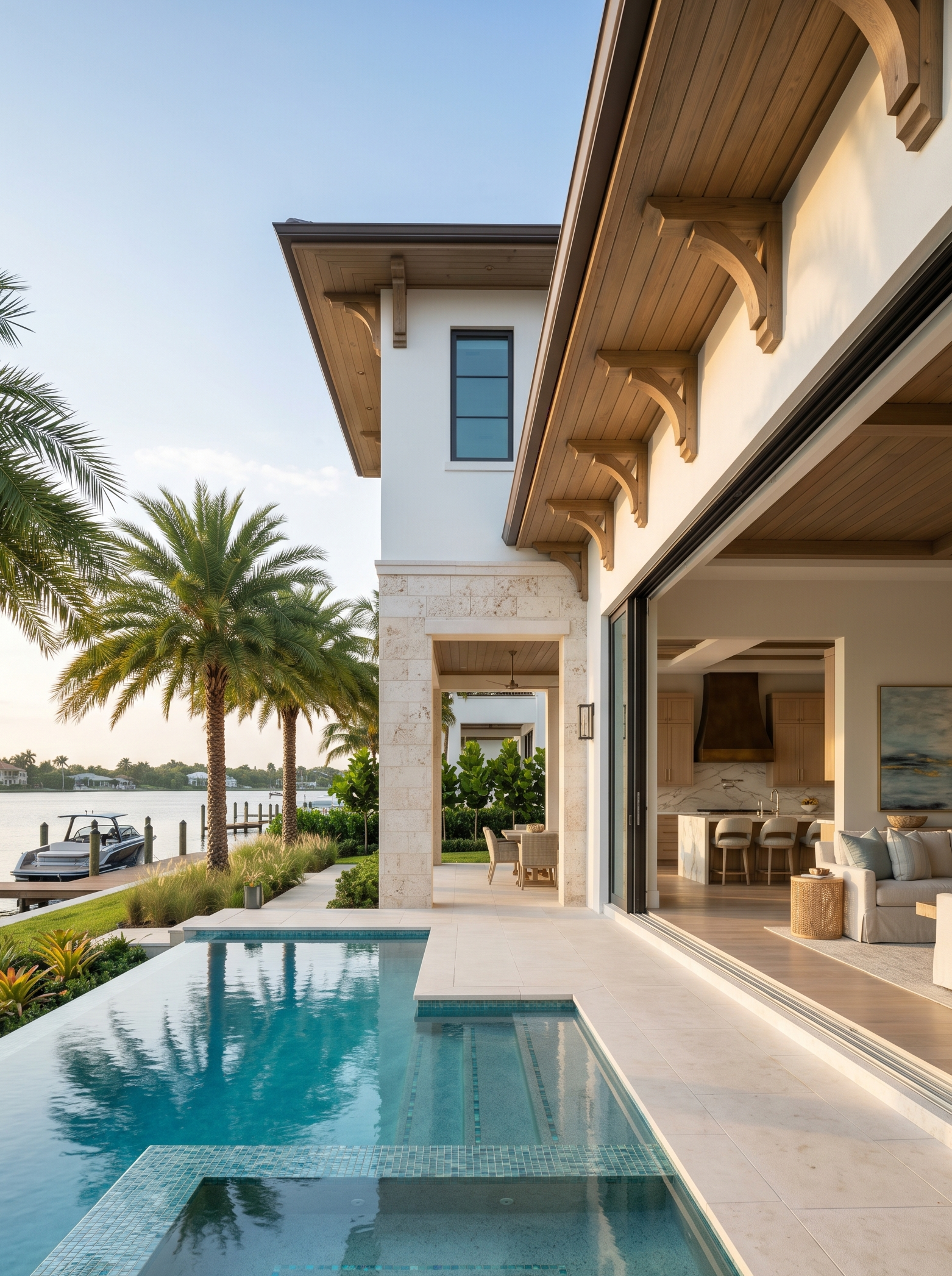 Luxury house with modern architecture, outdoor swimming pool, palm trees, and water views.