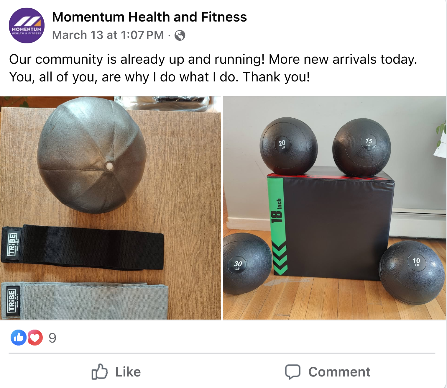 Photo of fitness equipment including a weighted ball, a black exercise strap, and two smaller exercise balls on a wooden surface, with additional exercise balls and a box labeled '18 inch' in the background.