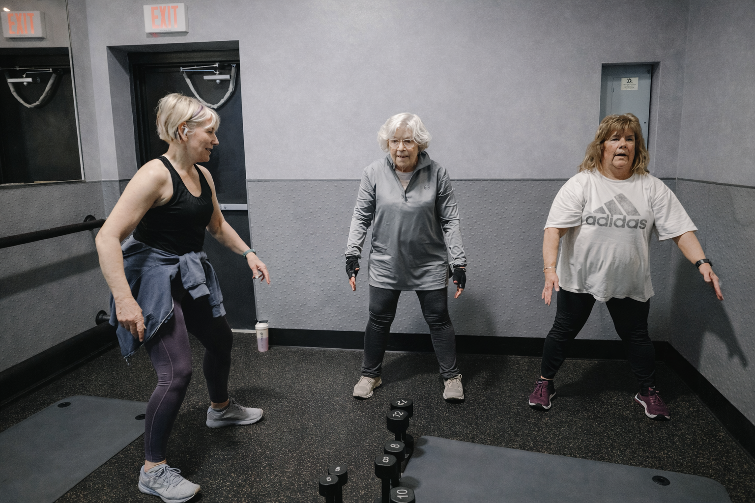 Three women in workout clothes doing exercises with dumbbells in a gym.
