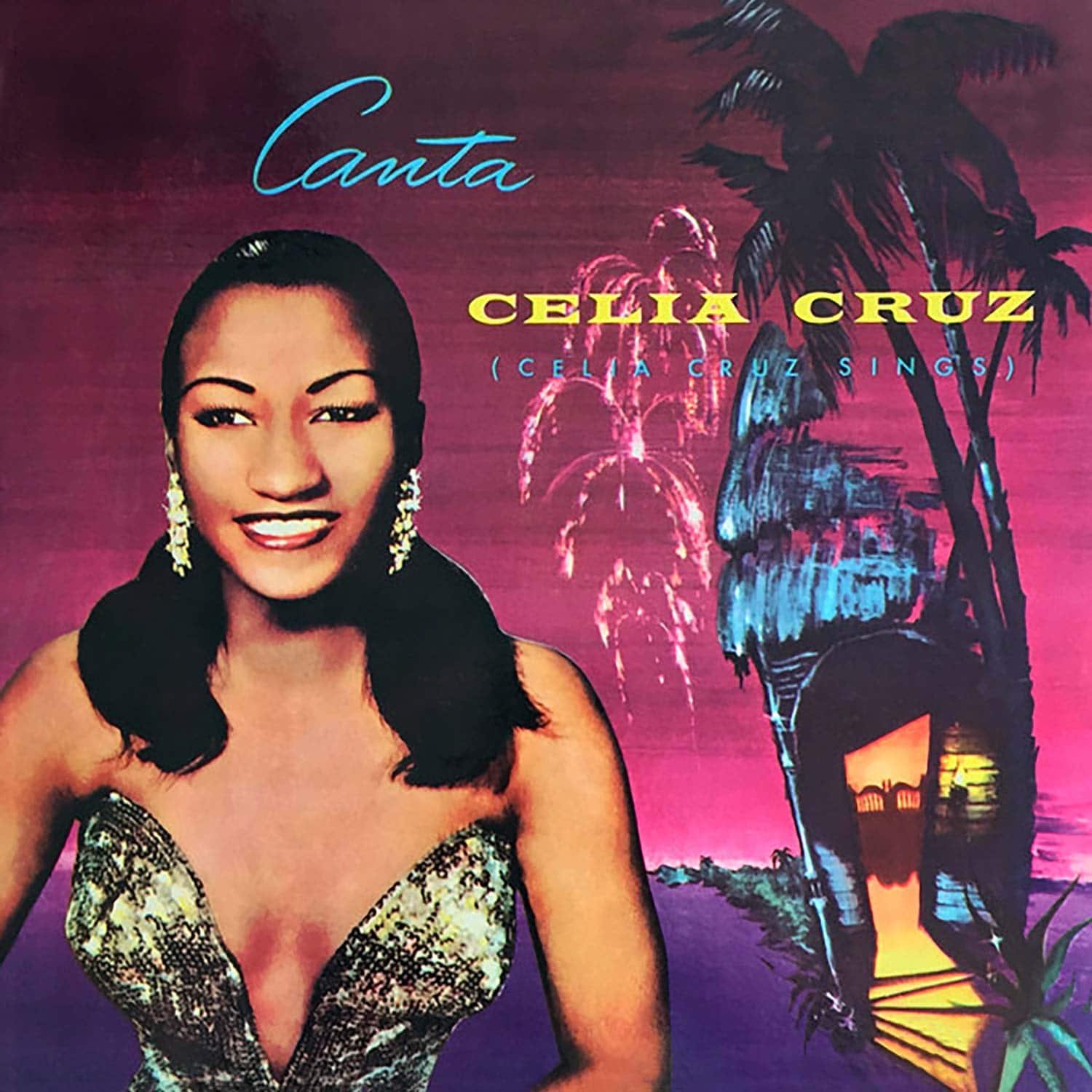 A woman in a strapless dress with long dark hair and earrings, smiling, with a background of palm trees, fireworks, and a sunset sky.