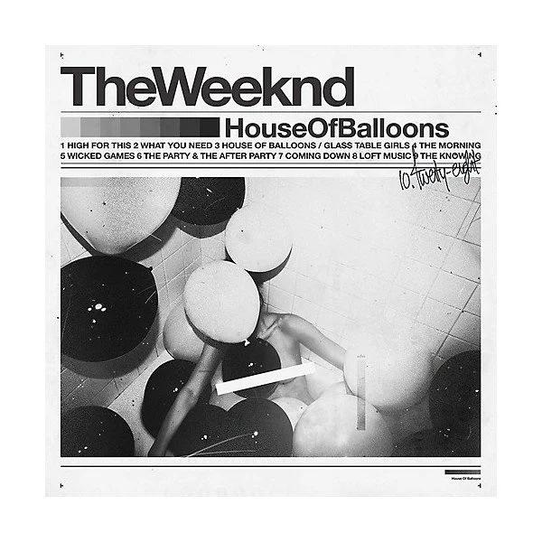 Black and white newspaper cover titled 'The Weeknd House Of Balloons' featuring a person among large balloons on a tiled floor.