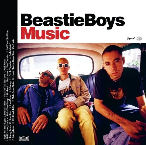 The album cover for Beastie Boys Music featuring three men sitting in the back of a car with a window behind them. One man is wearing sunglasses, the second is wearing glasses and a beige jacket, and the third is wearing a black T-shirt.