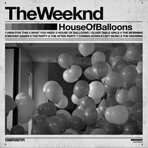 Black and white cover of The Weeknd's album 'House of Balloons' featuring a person surrounded by balloons, with some of their limbs visible, and a handwritten signature.