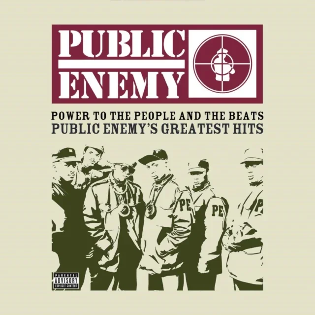 Album cover titled "Public Enemy: Power to the People and the Beats - Public Enemy's Greatest Hits" featuring a black and white image of six men wearing various military and police style jackets and hats. The top includes the Public Enemy logo with a target symbol and the phrase "Public Enemy" in bold red and white text.