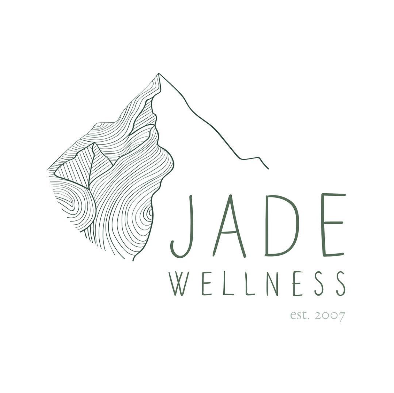 Logo for Jade Wellness featuring a minimalist mountain and line art landscape with text 'Jade Wellness' and 'est. 2007'.