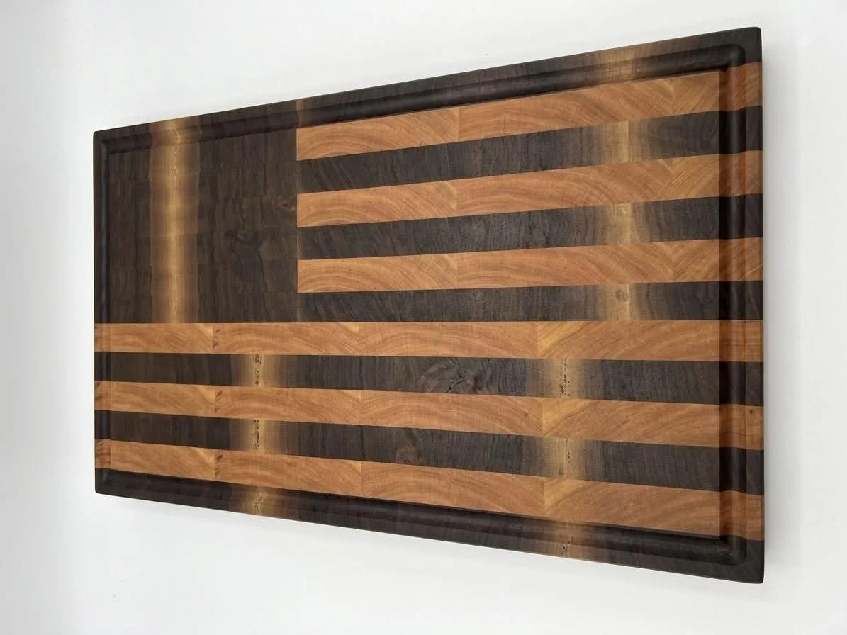 Walnut and Cherry end grain American flag cutting board. with a juice groove.