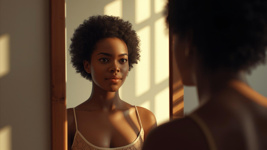 Una giovane donna con capelli ricci guarda il suo riflesso in uno specchio, illuminata dalla luce naturale che entra attraverso una finestra.