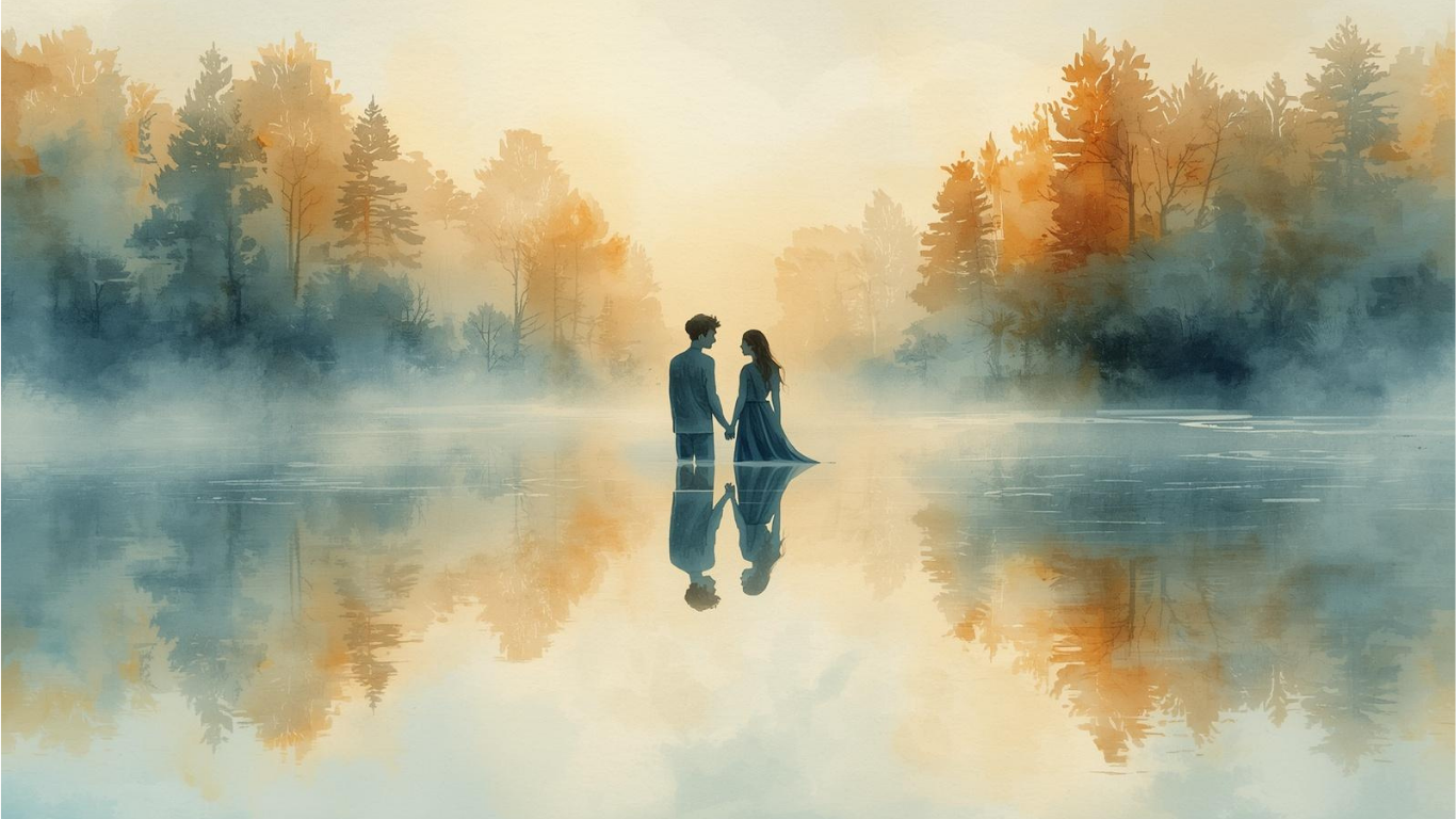 Una coppia di giovani si tiene per mano in un paesaggio naturale con un lago e alberi autunnali, le loro riflessioni si vedono nell'acqua calma.