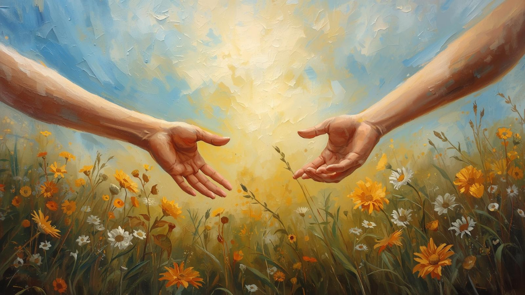 Due mani che si avvicinano tra di loro sopra un campo di fiori gialli, bianchi e arancioni con uno sfondo di cielo caldo e luminoso.
