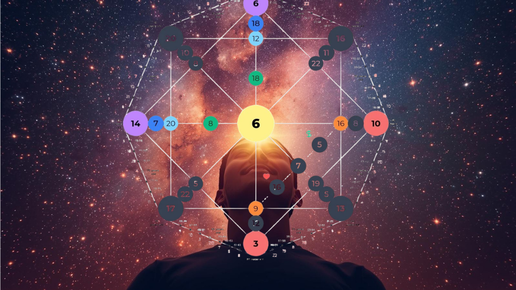 Un'illustrazione astratta che rappresenta un essere umano con un'enorme figura di un cranio e una rete di numeri e linee sovrapposte, con uno sfondo di stelle e galassie.