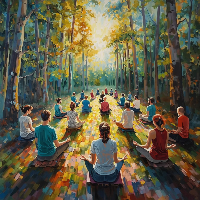Persone che fanno yoga in un bosco durante il giorno, sedute su tappetini.