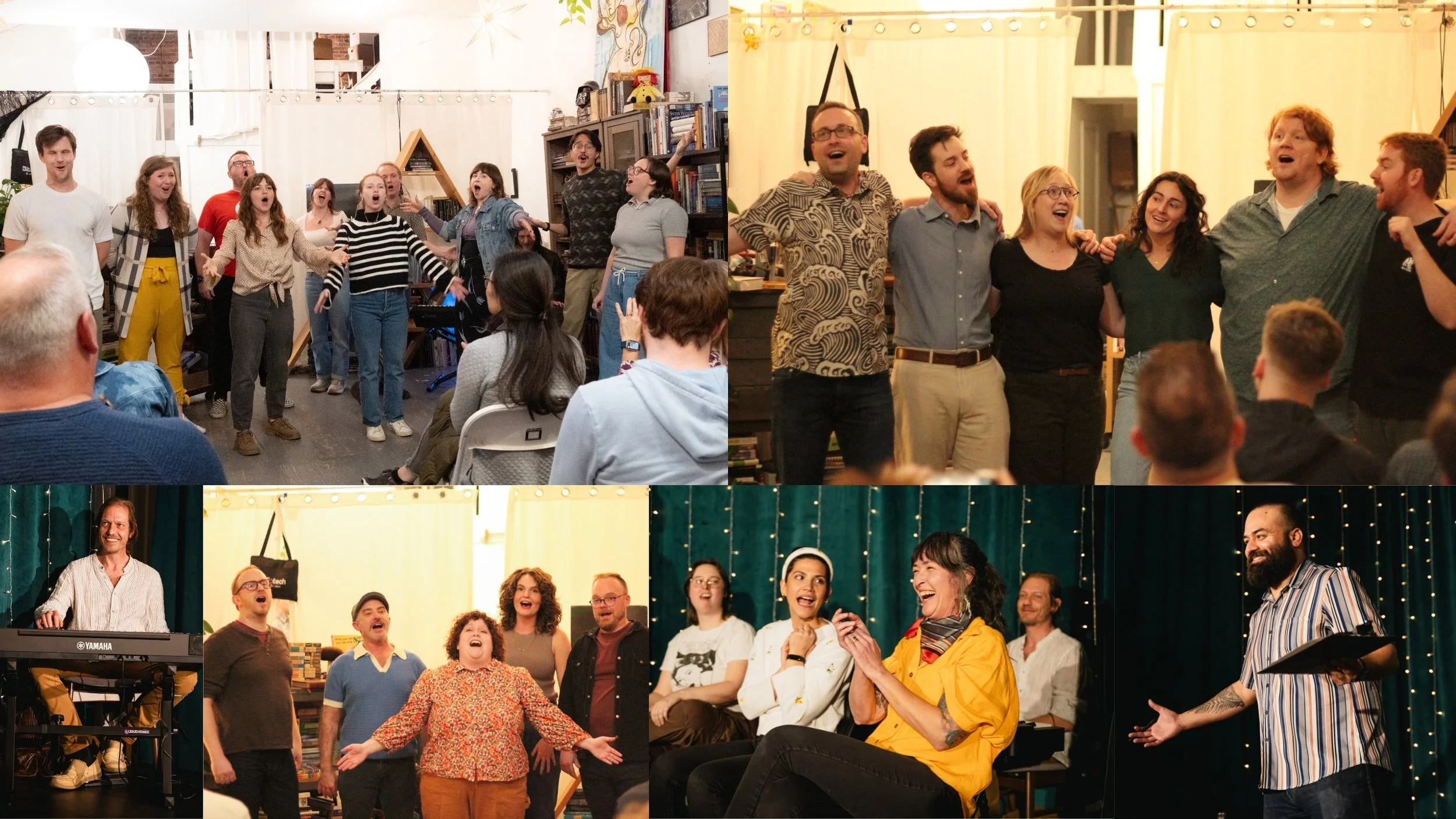 Multiple images of musical improv classes and shows