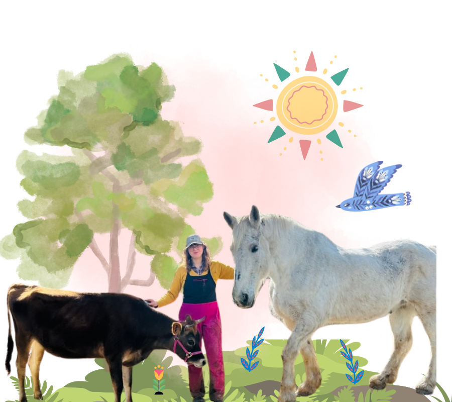 A person standing outdoors with a black cow and a white pony, a tree, a stylized sun, and a blue bird illustration in the background.