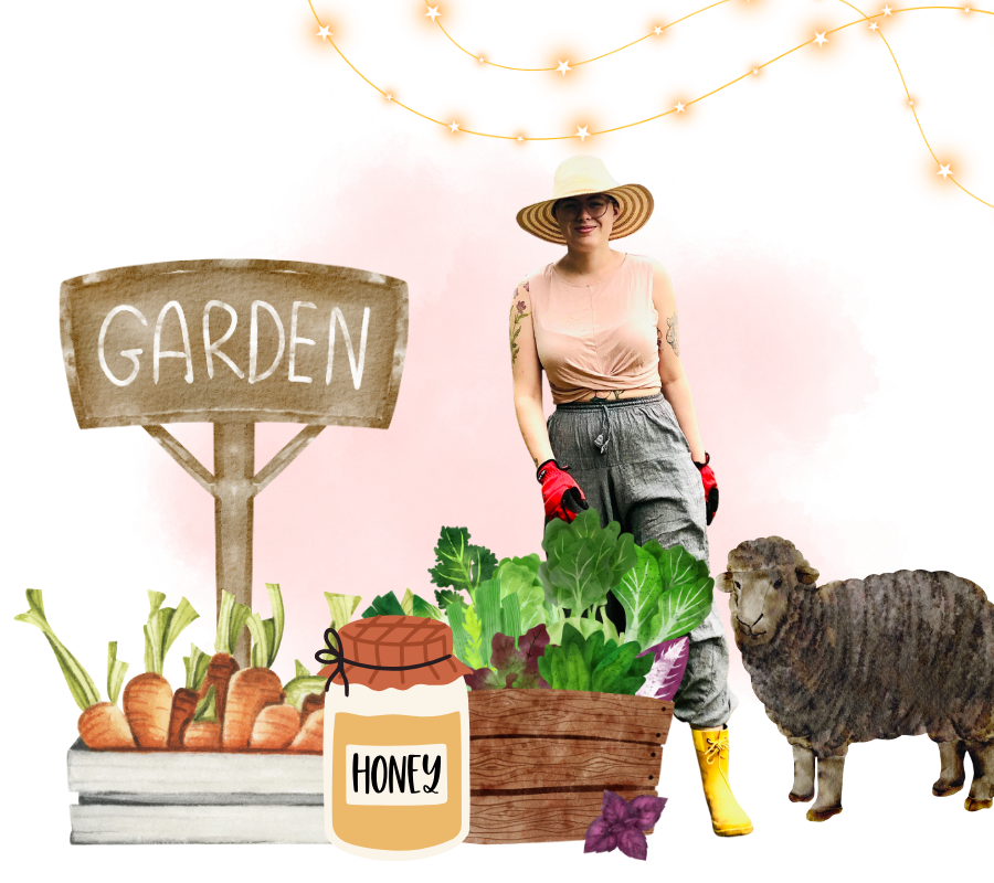 A woman in a garden, wearing a wide-brimmed hat, sunglasses, red gloves, and yellow boots, standing next to a sheep and various vegetables, with a sign that says 'GARDEN' and a jar of honey. There are string lights overhead.