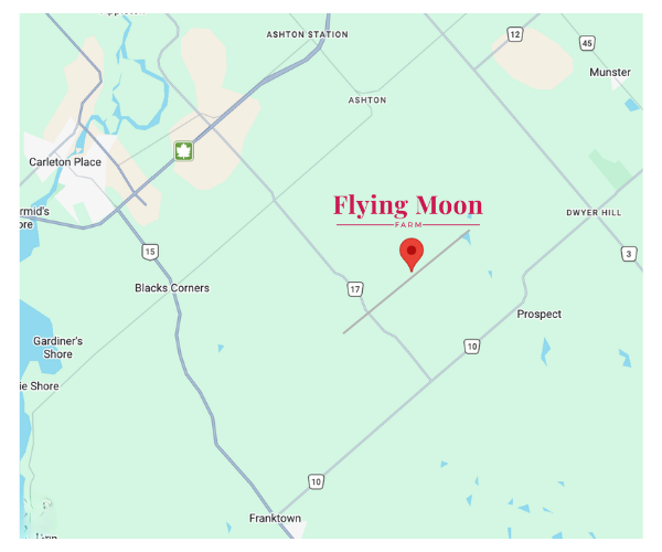 Map showing Flying Moon Farm and nearby towns including Ashton Station, Munster, Prospect, Franktown, and Carleton Place in a rural area with roads and water bodies.
