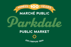 Sign for Parkdale Public Market celebrating 100 years, established in 1924, green background with yellow and white accents