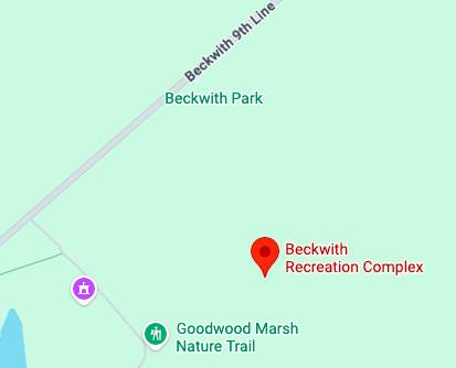 Map showing Beckwith Recreation Complex, Beckwith Park, and Goodwood Marsh Nature Trail near Beckwith 9th Line.