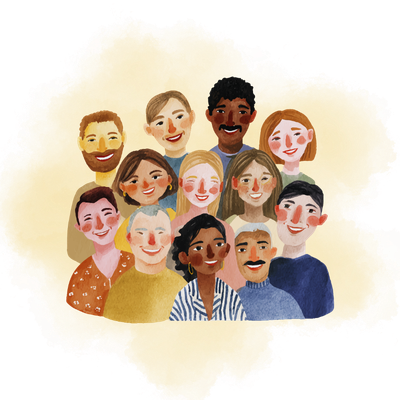 A diverse group of fifteen people smiling together in a digital illustration.