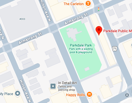 Map showing Parkdale Park with a wading pool and playground, located near Parkdale Public Market, Armstrong Street, and Huntington Avenue North in an urban area.