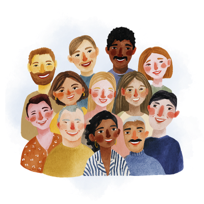 Illustration of diverse smiling people in a group portrait.