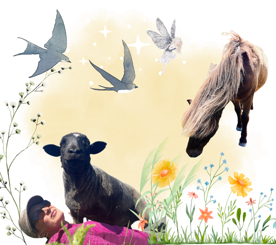 A playful collage featuring a woman with sunglasses, a young lamb, a brown horse with a flowing mane, flying birds, and fairy-like creatures, surrounded by colorful flowers and greenery on a light yellow background.