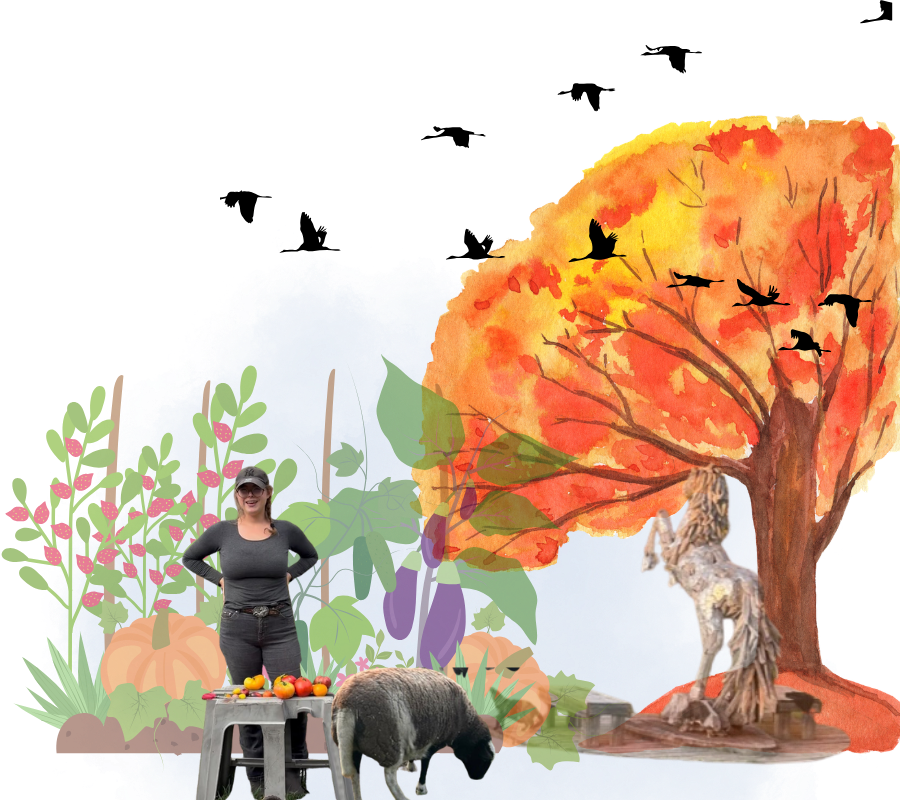 Woman standing in front of an autumn-themed display with painted trees, pumpkins, a black sheep, a horse sculpture, and fall foliage.