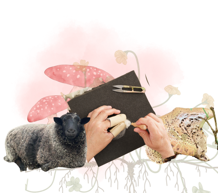 A collage featuring a sheep, needle felting tools, pink butterflies, mushrooms, and plant roots, with a central black notebook or folder.