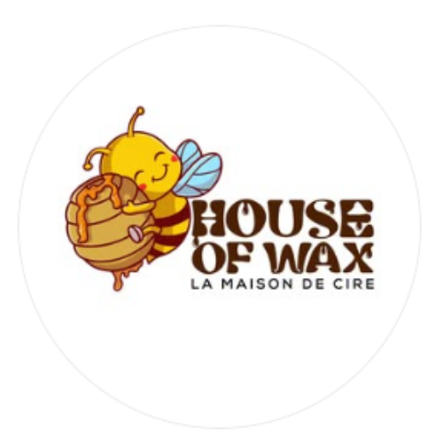 Logo of House of Wax featuring a smiling bee holding a honey jar with honey dripping, and the text "HOUSE OF WAX" and "LA MAISON DE CIRE".