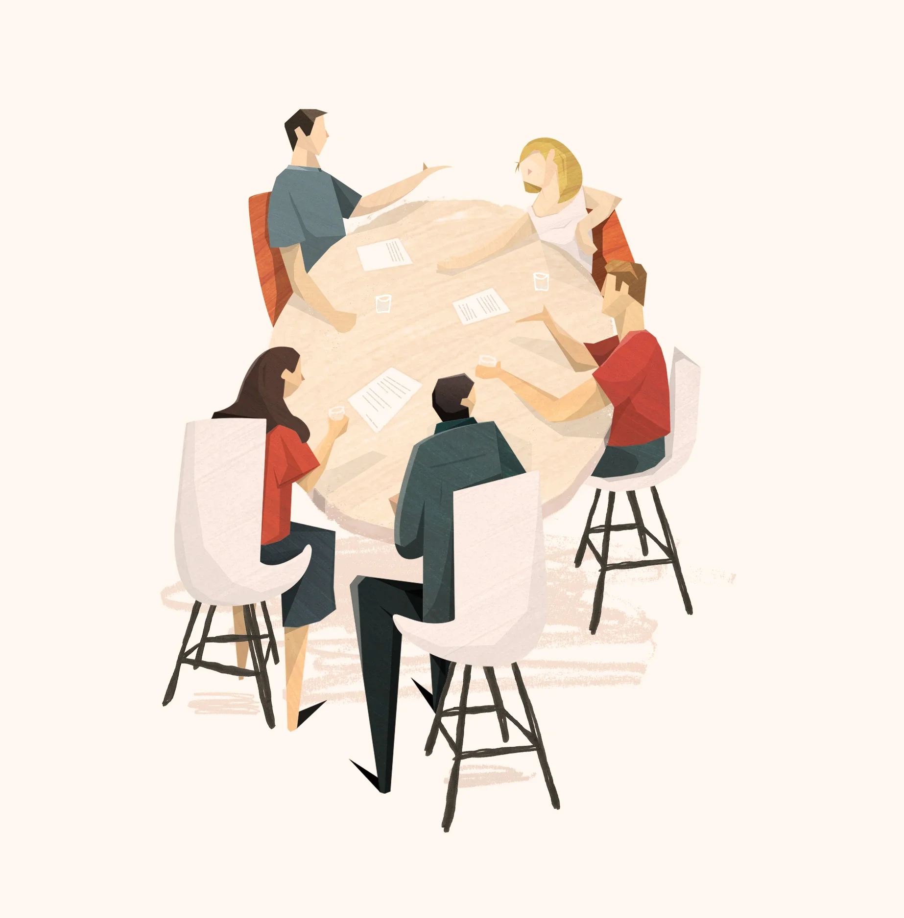 Illustration of six people sitting around a round table engaged in conversation, with papers and glasses of water on the table.