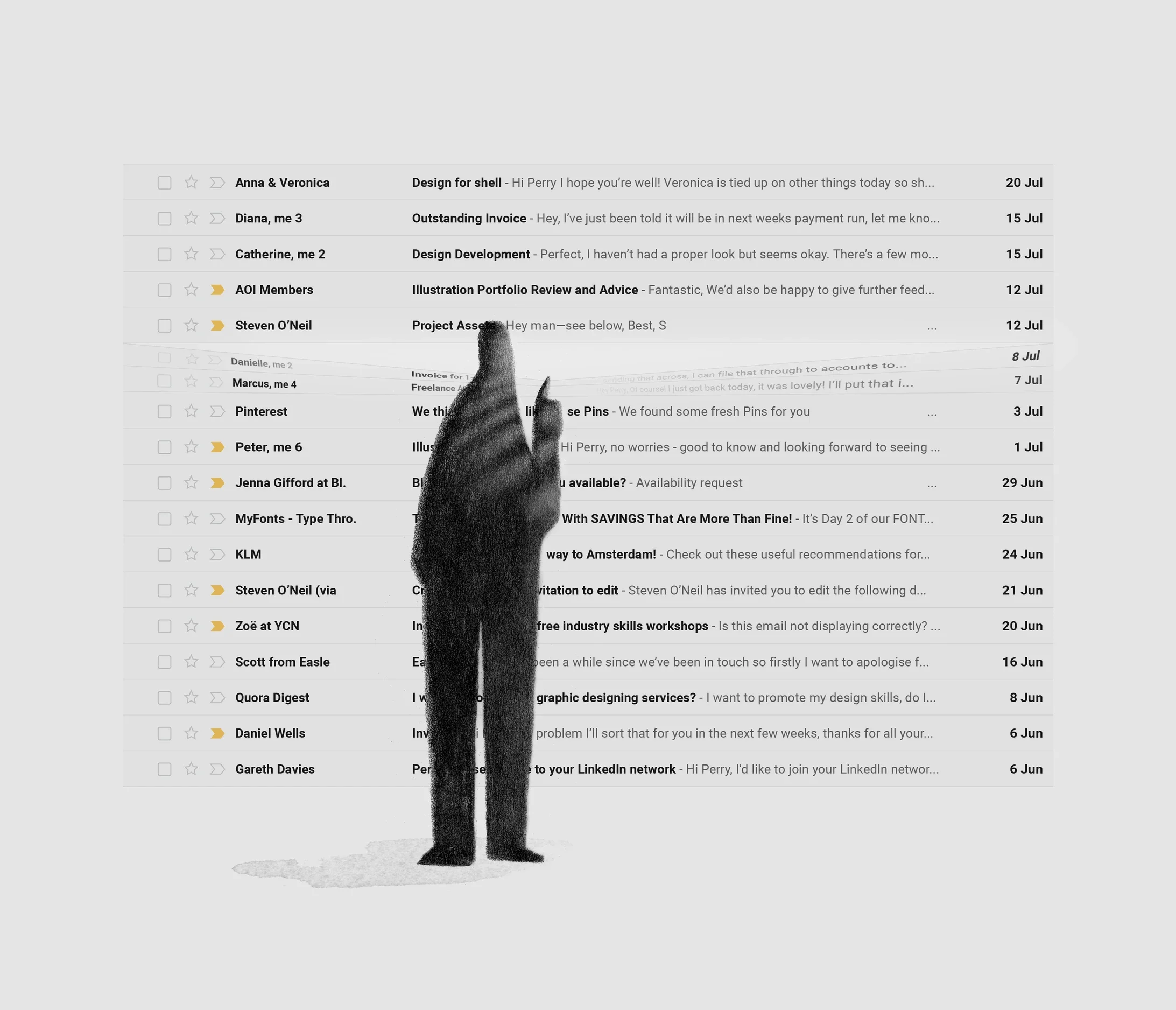 A grayscale image of a person, depicted with a shadowy figure, pointing upwards with their index finger, overlaid on an email inbox with multiple emails listed.