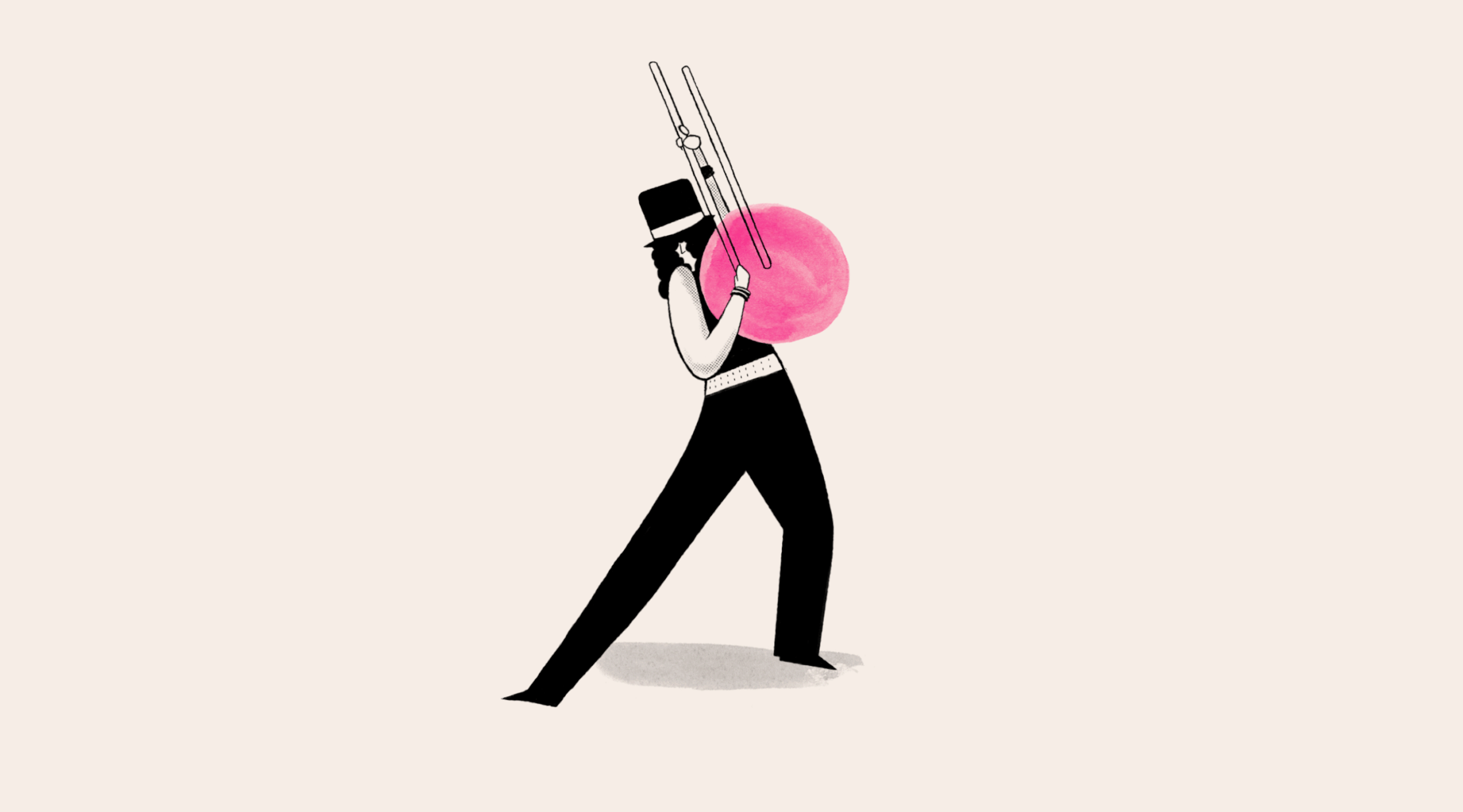 Stylized illustration of a person carrying a large pink sphere on their back, holding long objects over their shoulder, wearing black pants, a white shirt, and a black hat with a wide brim, on a beige background.