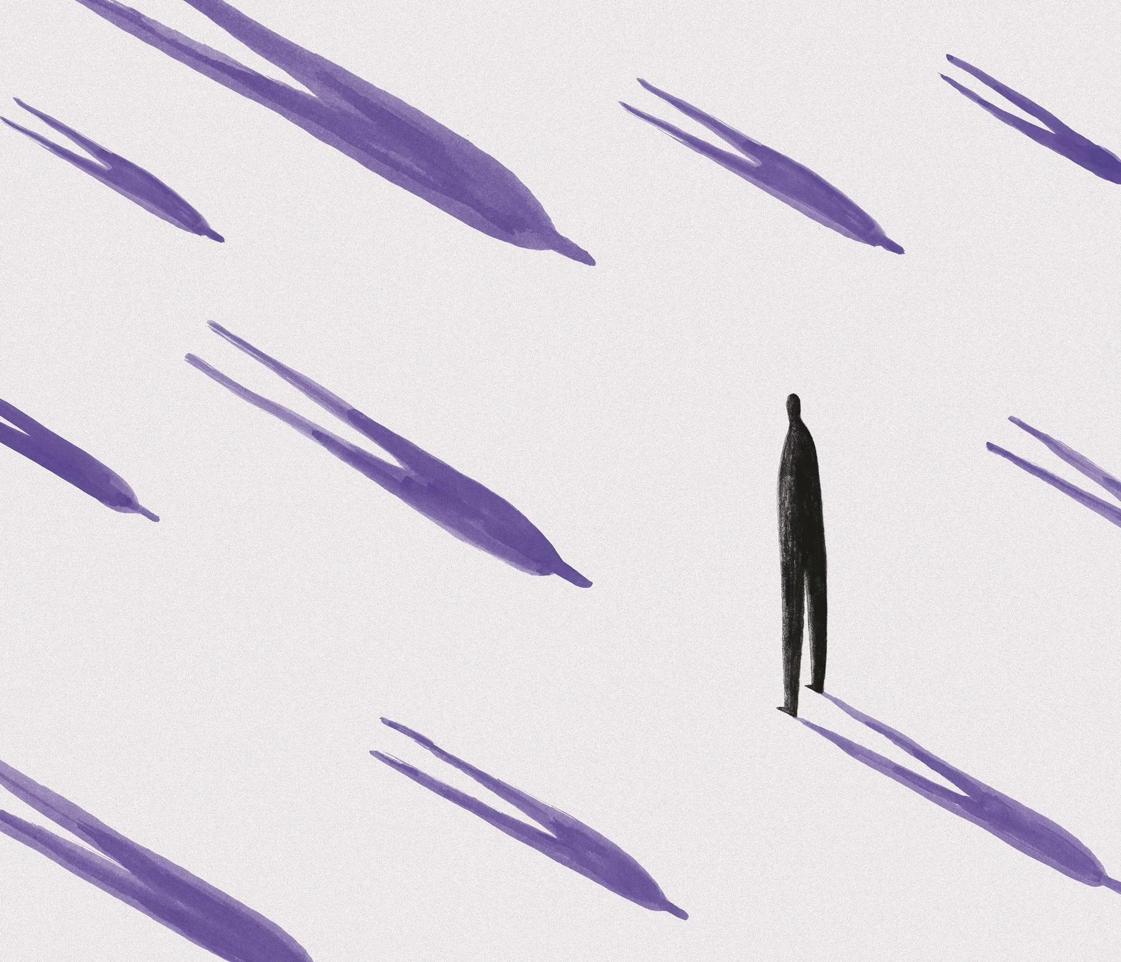 An abstract digital drawing of a solitary black figure standing on a light background, surrounded by scattered purple brush strokes.