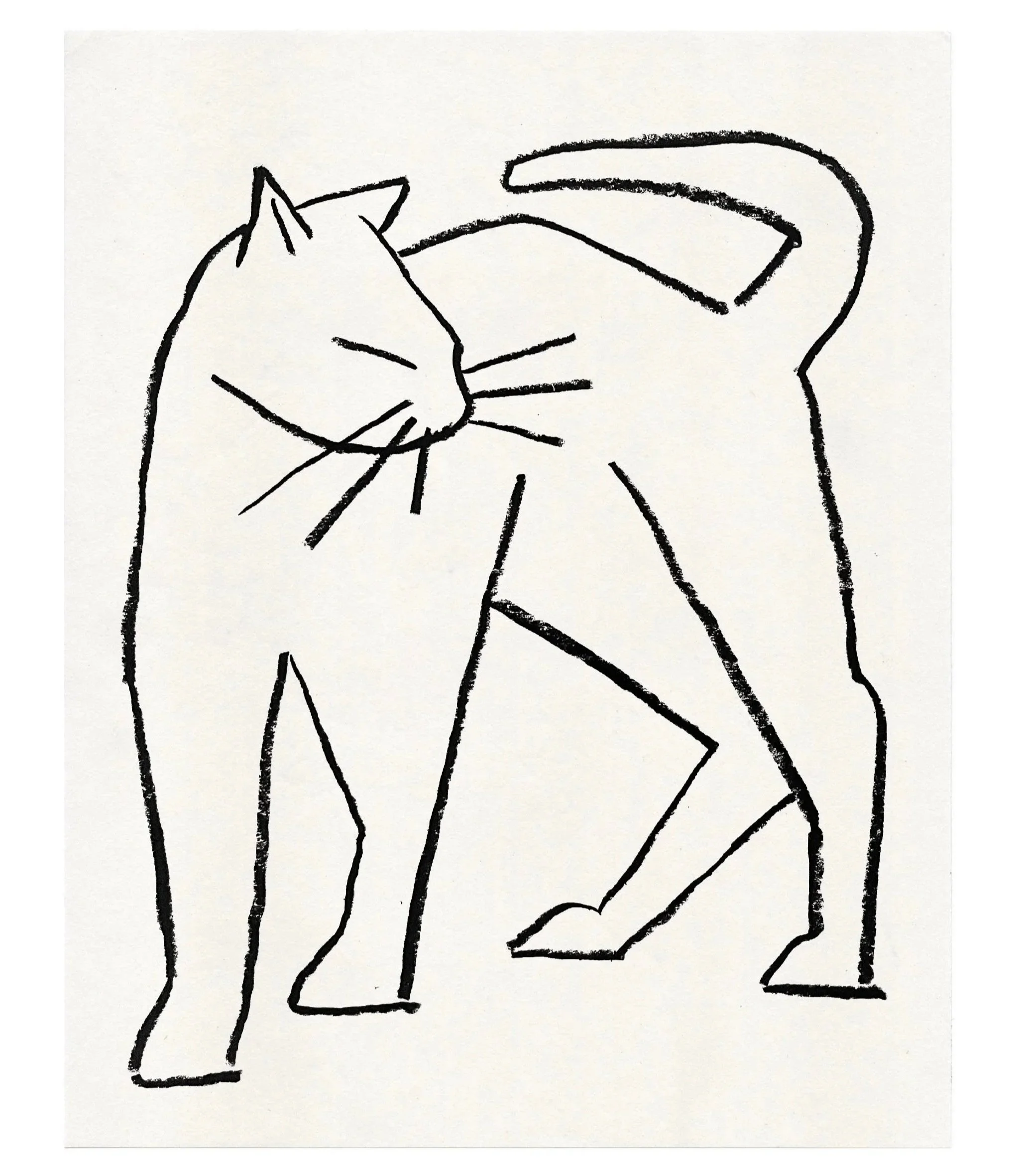 Line drawing of a sitting cat with its paw raised, in a minimalist style.
