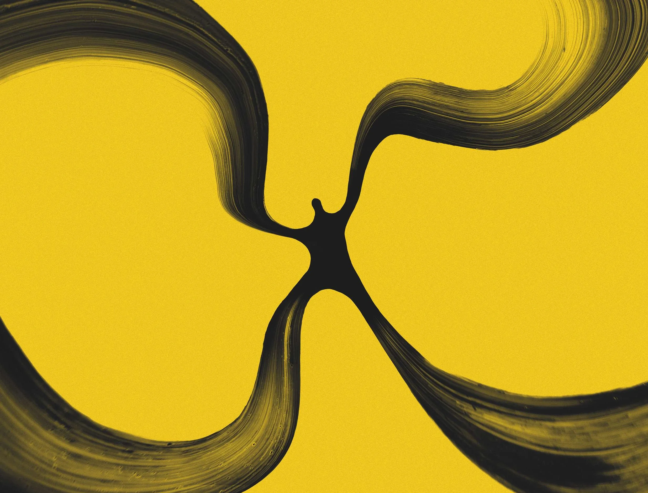 Abstract image with thick black brush strokes forming a symmetrical pattern on a yellow background.