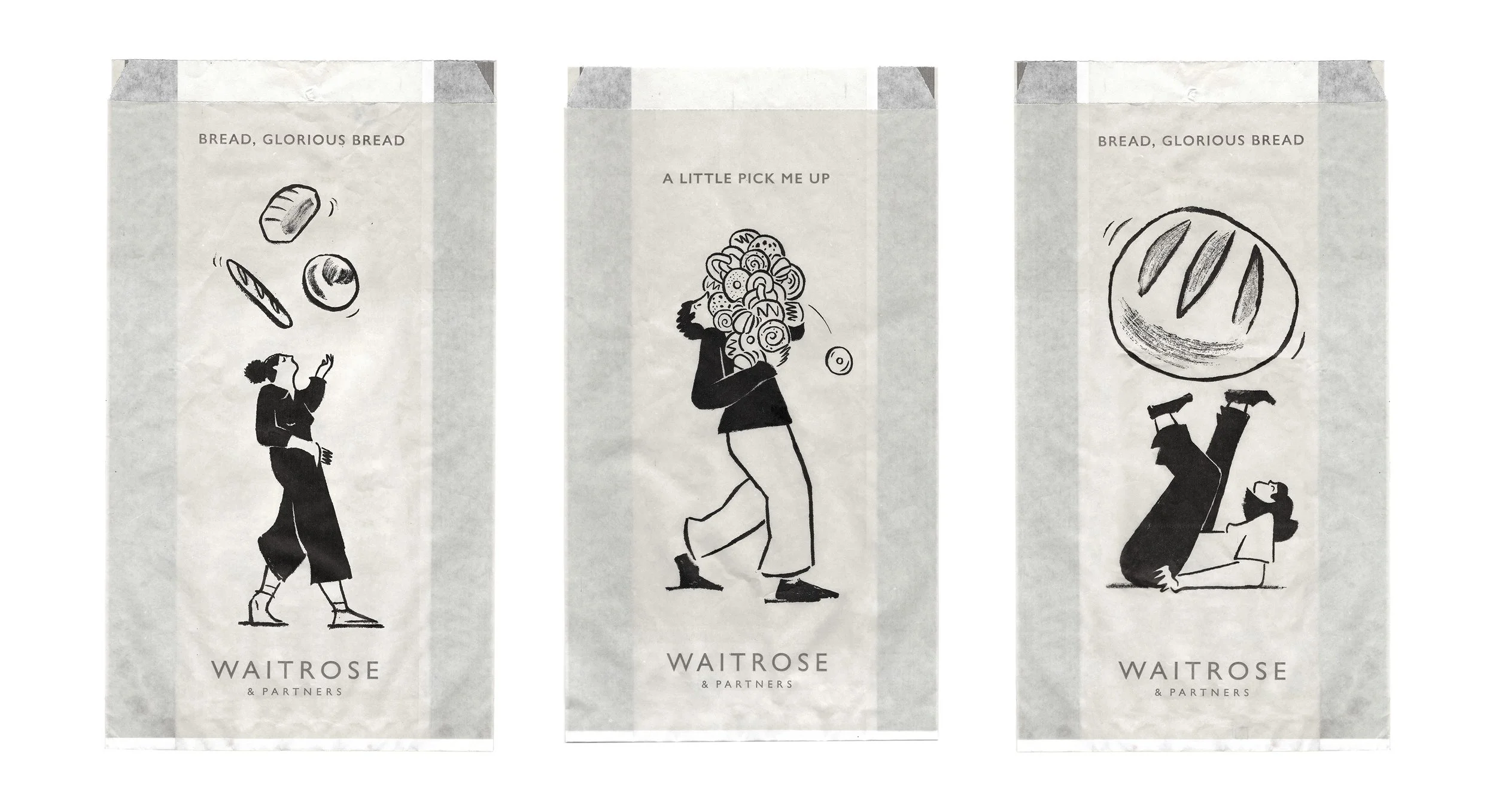 Three vertical illustrations on paper with torn top edges. Each features a person and a loaf of bread; the first and third have the phrases "Bread, glorious bread" and "Bread, glorious bread" respectively. The first image shows a person juggling brea