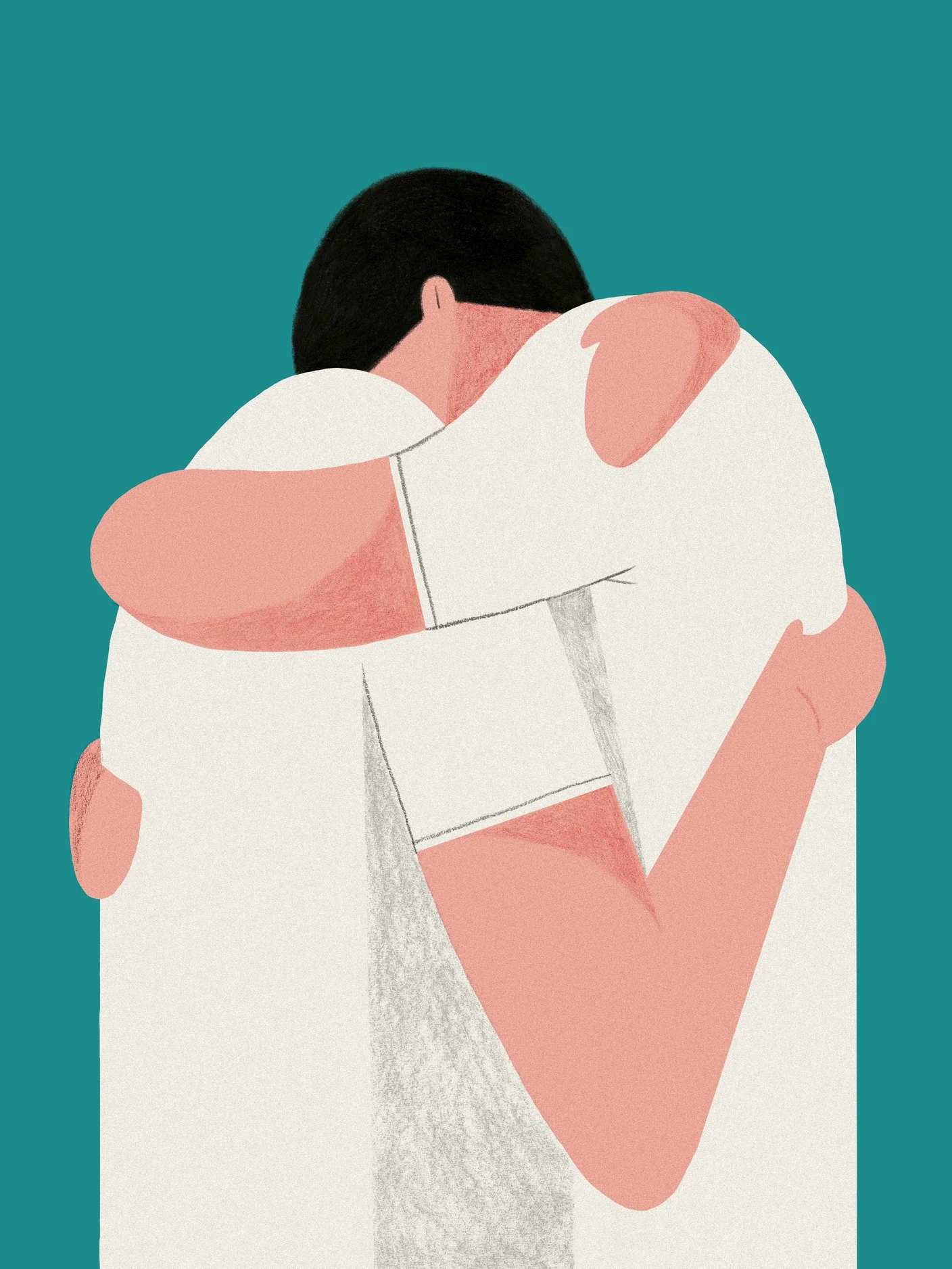 Two people embrace each other tightly, with their faces hidden in the hug.