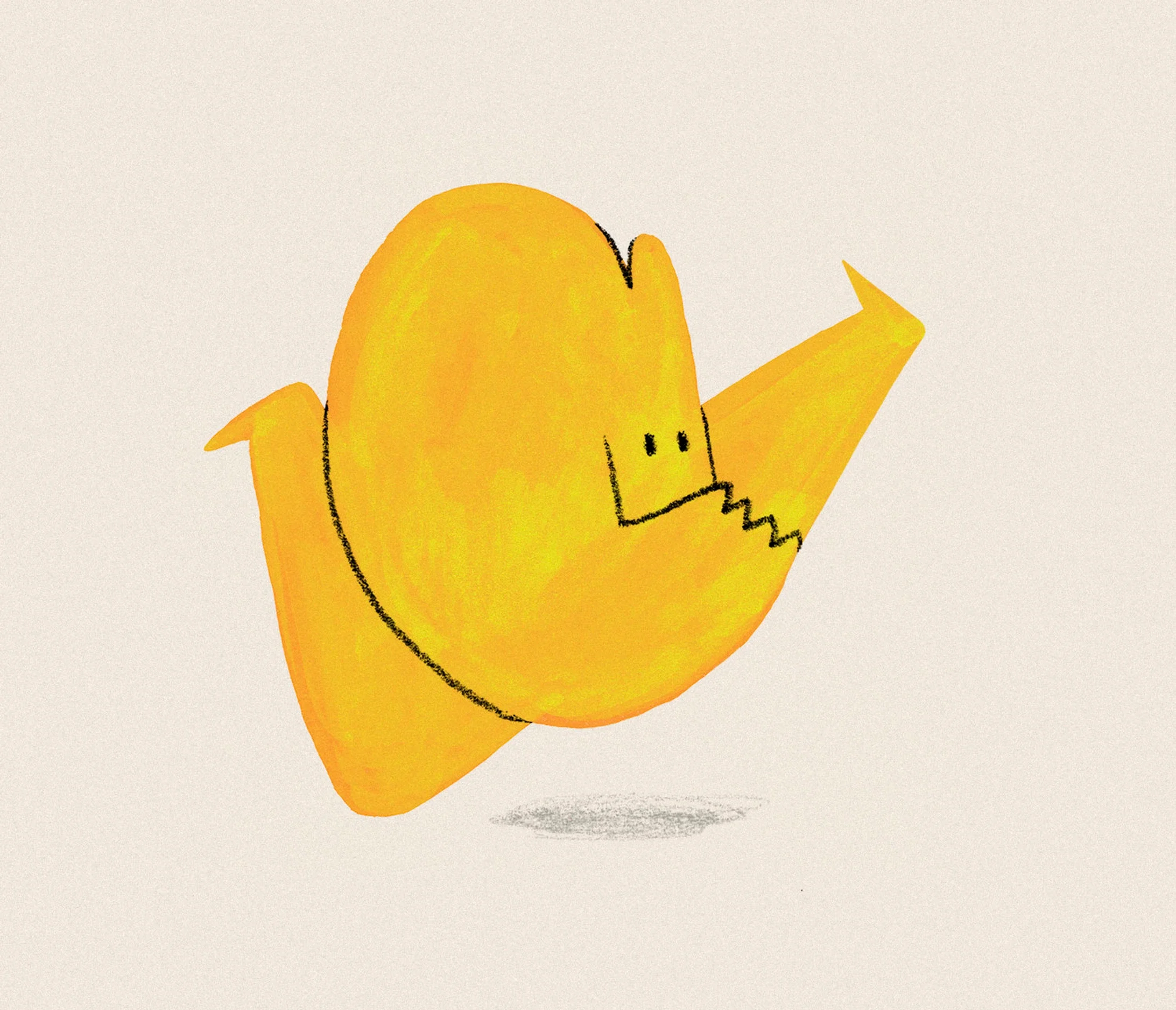 A cartoon illustration of a yellow duck with a simple black outline, facing right, with two small black eyes and a zigzag line for the beak, on a plain light background.