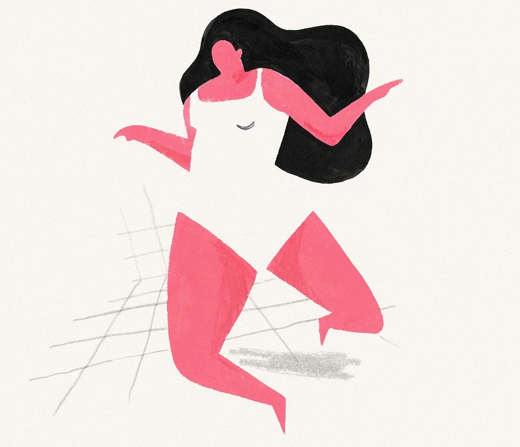 A stylized drawing of a woman with flowing black hair, pink skin, and a white body, striking a dancing pose with her arms outstretched. The background is white with faint grid lines beneath her.