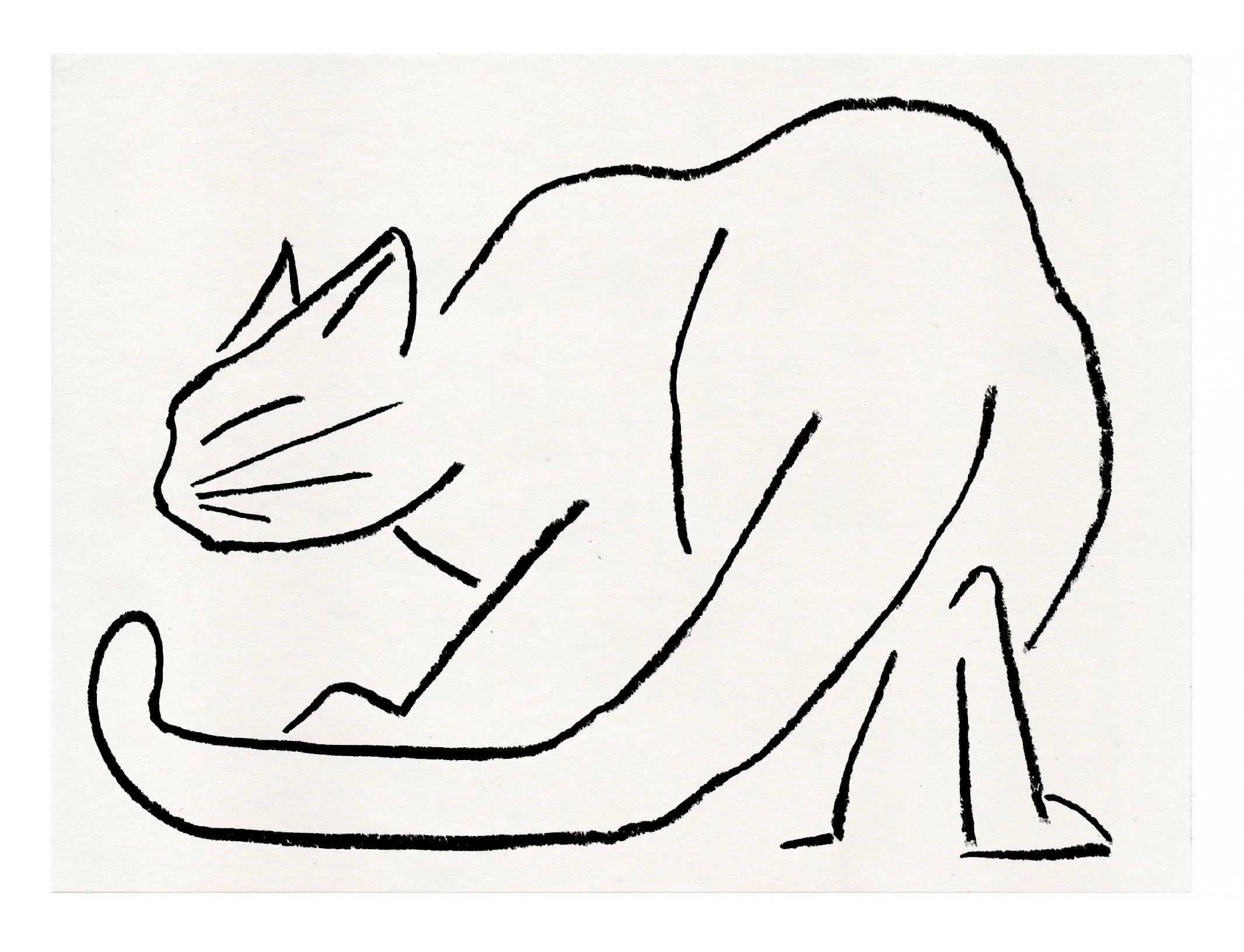 A simple line drawing of a cat stretching with its eyes closed, on a plain background.