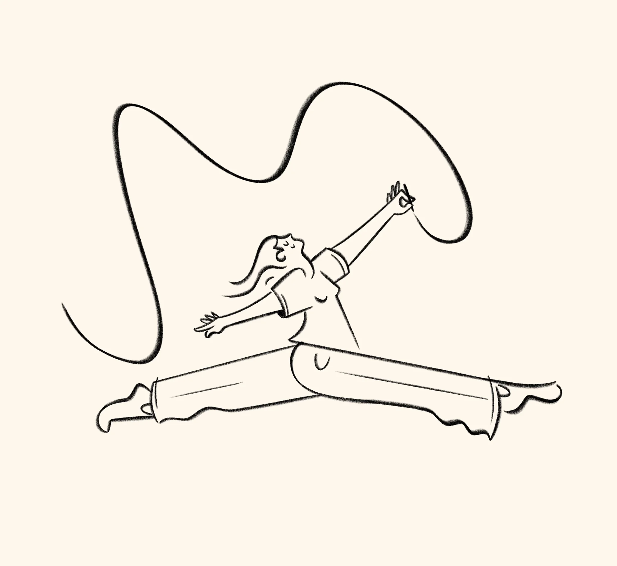 Line drawing of a woman with arms and legs spread wide, smiling with eyes closed, holding a large wavy line above her head.