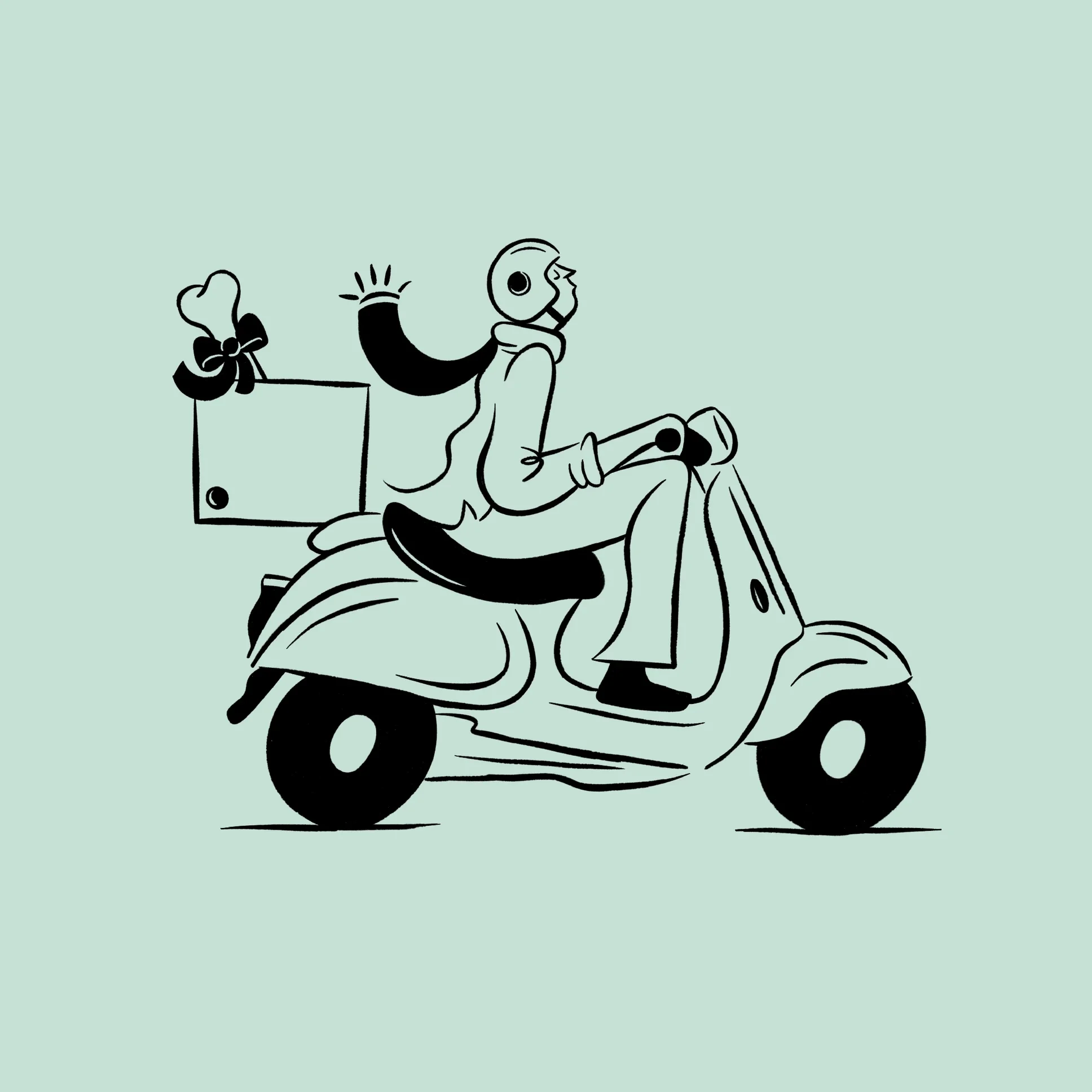 Line drawing of a woman with long hair riding a scooter, wearing a helmet, with a delivery box with a bone icon attached to the back.