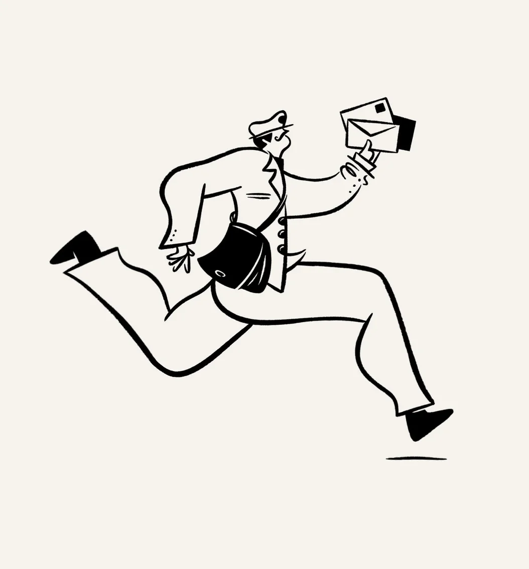 Black and white cartoon of a running man in a suit and hat, holding an envelope and a letter in his hand.