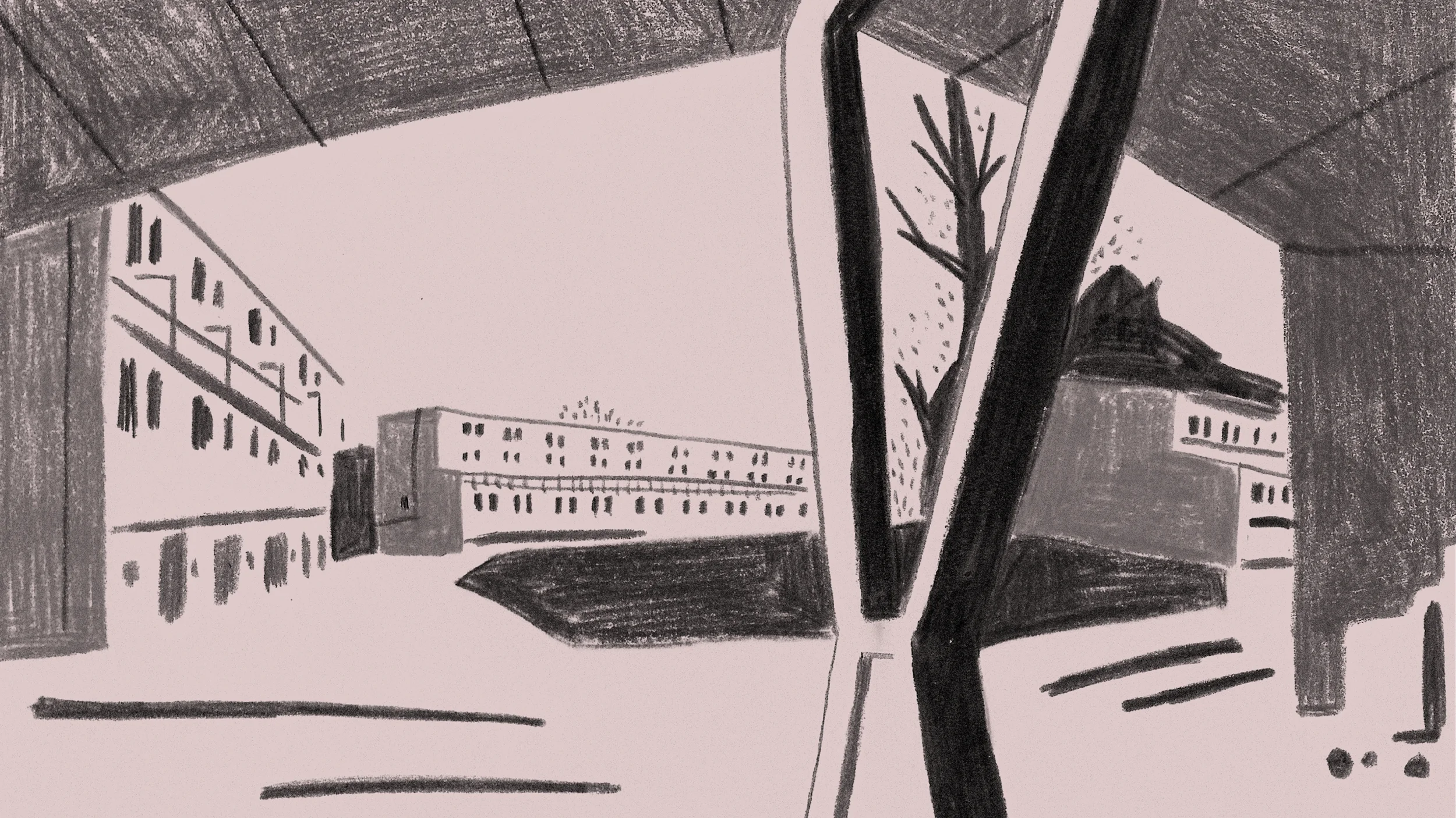 A monochromatic drawing of a cityscape with several buildings, a tree, and architectural structures, viewed through a window or opening.