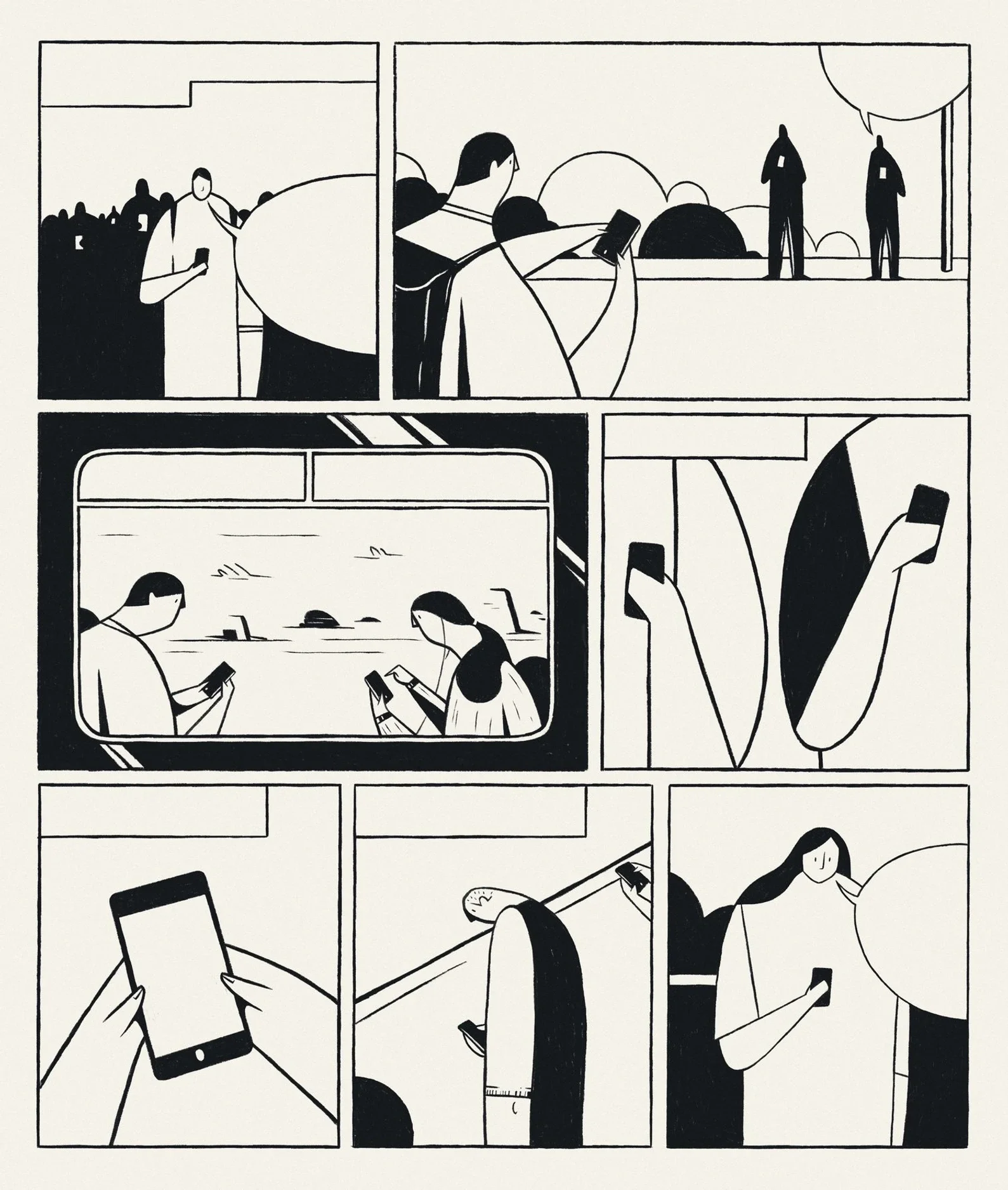 Black and white comic strip showing people using smartphones in various public settings, including outdoors, on a train, and in a city.